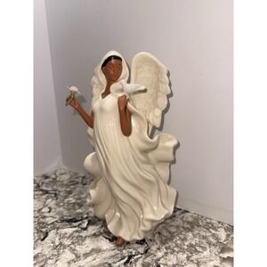 African American Peace Angel Holding a Dove & Flower 10 Inches Tall